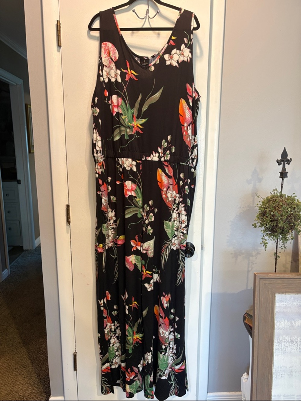 Black Floral Sleeveless Jumpsuit with Elastic Waist